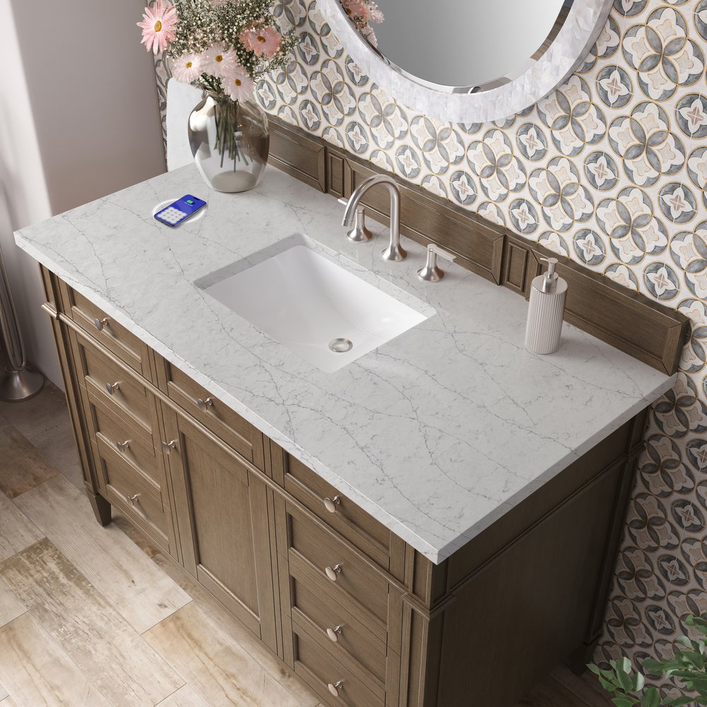 James Martin - Brittany 48" Single Vanity, Saddle Brown w/ 3 CM Eternal Jasmine Pearl Silestone Top w/FreePower Wireless Charger - 650-V48-SBR-FEJP view 8