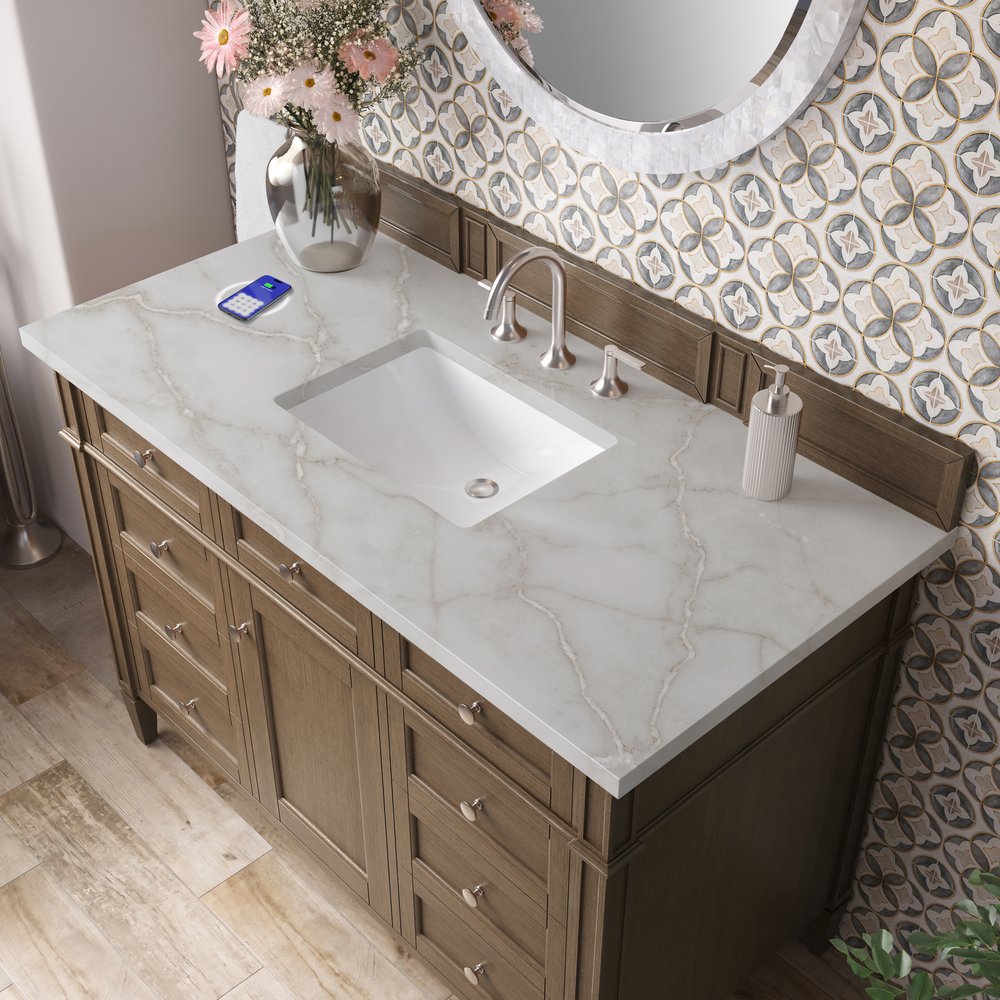 James Martin - Brittany 48" Single Vanity, Saddle Brown w/ 3 CM Victorian Silver Silestone Top w/FreePower Wireless Charger - 650-V48-SBR-FVSL view 8
