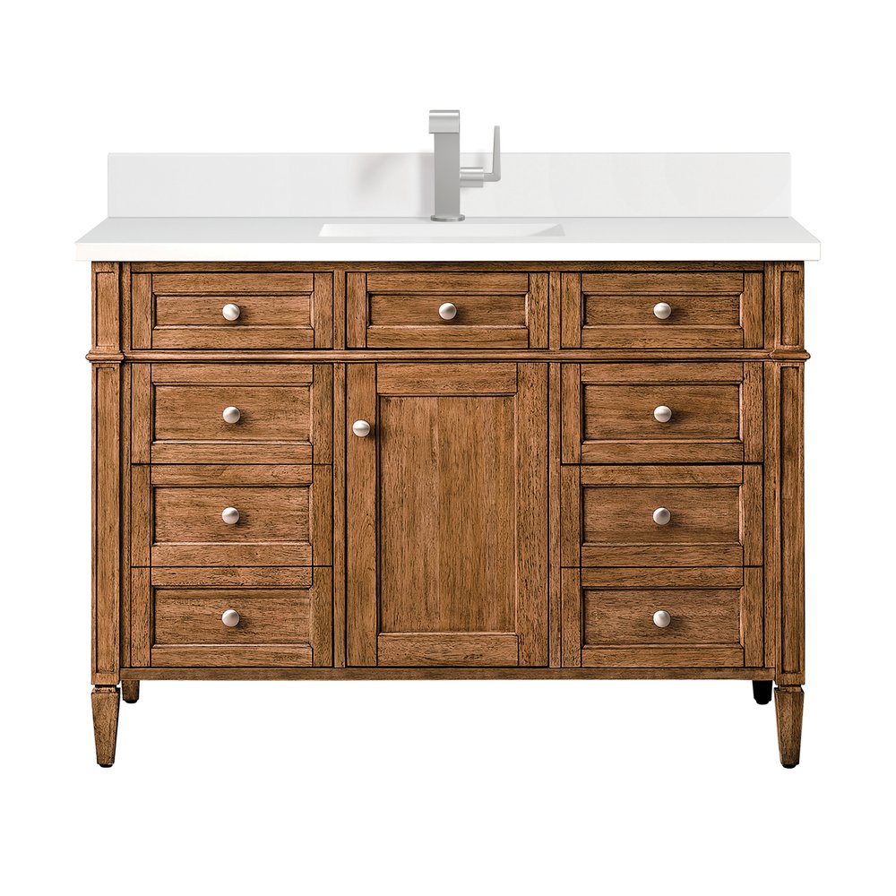 James Martin - Brittany 48" Single Vanity, Saddle Brown w/ Single Hole 3 CM White Zeus Silestone Top & Backsplash - 650-V48-SBR-1WZ view 1