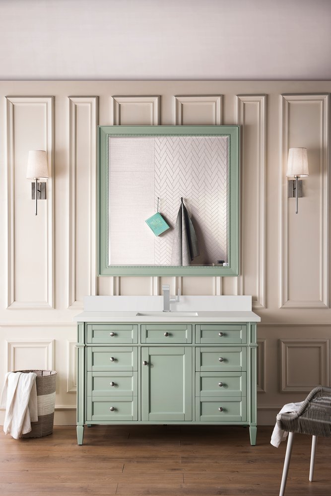 James Martin - Brittany 48" Single Vanity, Sage Green w/ Single Hole 3 CM White Zeus Silestone Top & Backsplash - 650-V48-SGR-1WZ view 3