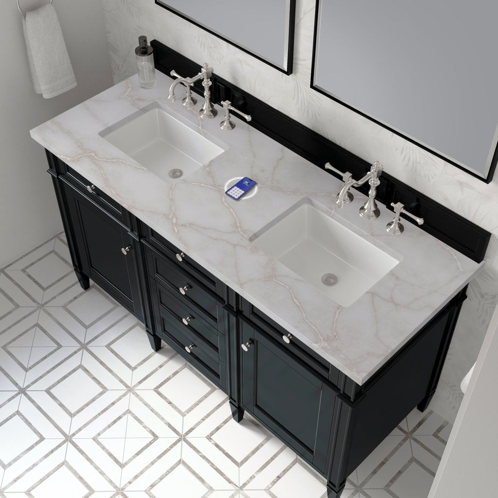 James Martin - Brittany 60" Double Vanity, Black Onyx w/ 3 CM Victorian Silver Silestone Top w/FreePower Wireless Charger - 650-V60D-BKO-FVSL view 8