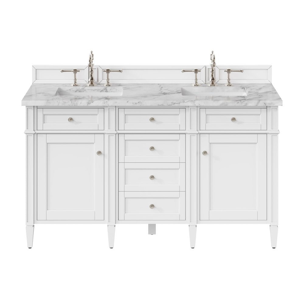 James Martin - Brittany 60" Double Vanity, Bright White Vanity w/ 3 CM Carrara Marble Top - 655-V60D-BW-3CAR view 1