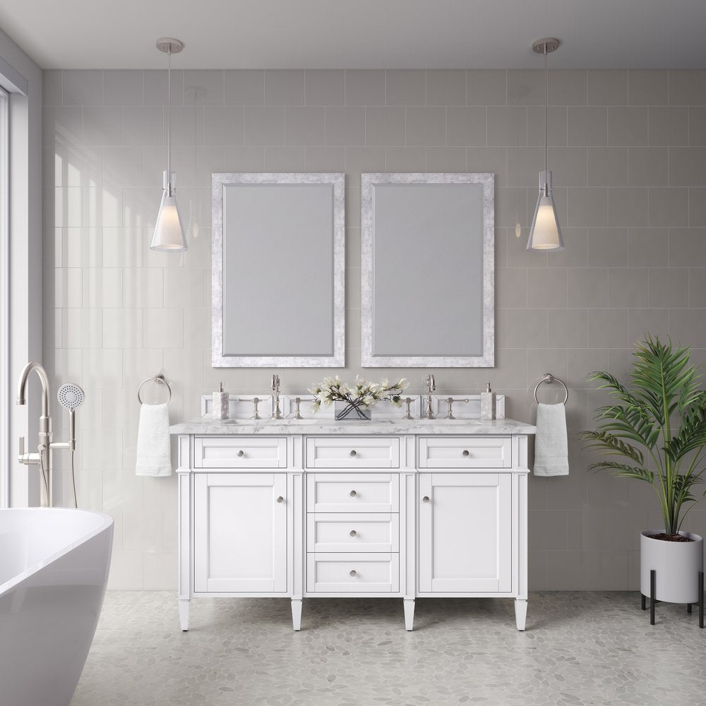 James Martin - Brittany 60" Double Vanity, Bright White Vanity w/ 3 CM Carrara Marble Top - 655-V60D-BW-3CAR view 3