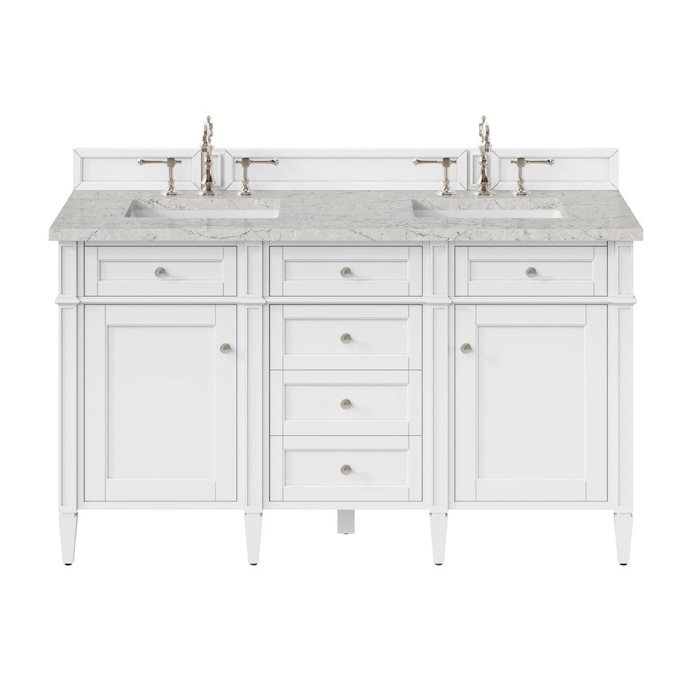 James Martin - Brittany 60" Double Vanity, Bright White Vanity w/ 3 CM Eternal Jasmine Pearl Silestone Top - 655-V60D-BW-3EJP view 1