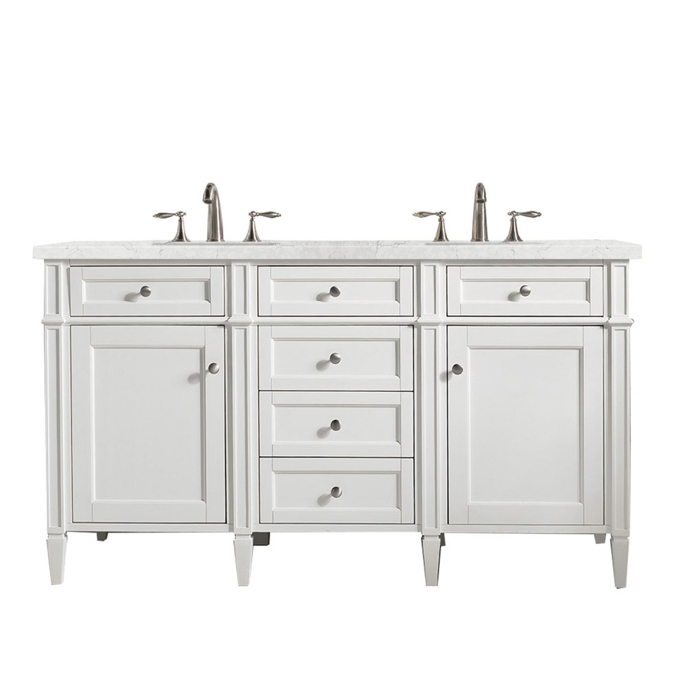 James Martin - Brittany 60" Double Vanity, Bright White Vanity w/ 3 CM Eternal Jasmine Pearl Silestone Top w/FreePower Wireless Charger - 655-V60D-BW-FEJP view 1