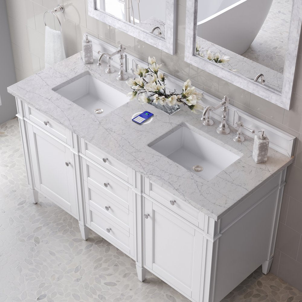 James Martin - Brittany 60" Double Vanity, Bright White Vanity w/ 3 CM Eternal Jasmine Pearl Silestone Top w/FreePower Wireless Charger - 655-V60D-BW-FEJP view 8