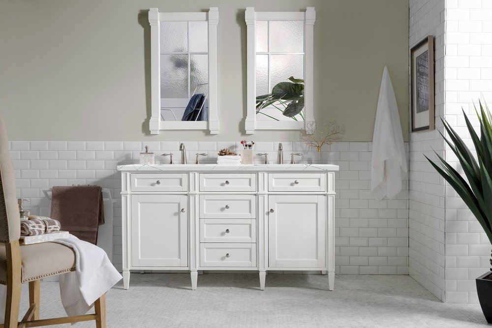 James Martin - Brittany 60" Double Vanity, Bright White Vanity w/ 3 CM Ethereal Noctis Silestone Top w/FreePower Wireless Charger - 655-V60D-BW-FENC view 4