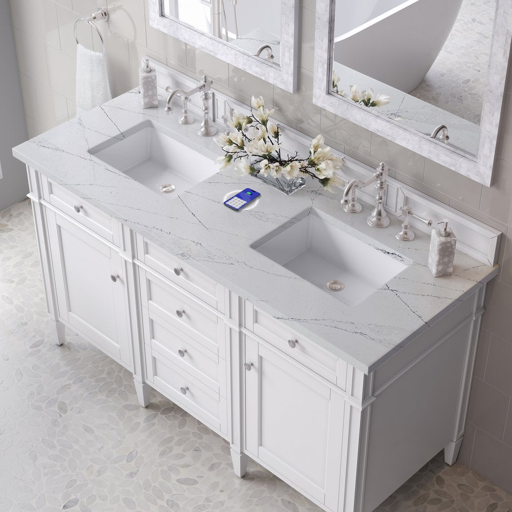 James Martin - Brittany 60" Double Vanity, Bright White Vanity w/ 3 CM Ethereal Noctis Silestone Top w/FreePower Wireless Charger - 655-V60D-BW-FENC view 8
