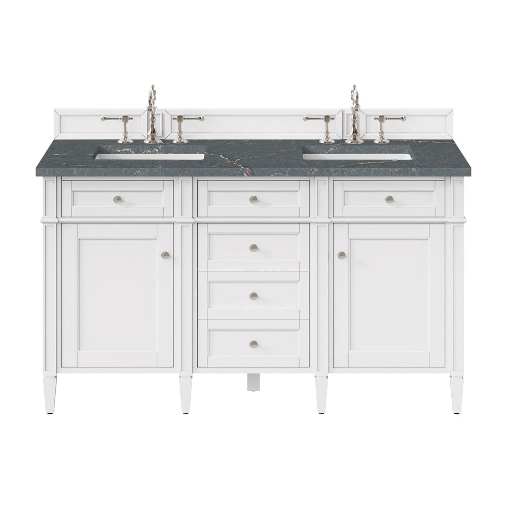James Martin - Brittany 60" Double Vanity, Bright White Vanity w/ 3 CM Parisien Bleu Silestone Top w/FreePower Wireless Charger - 655-V60D-BW-FPBL view 1