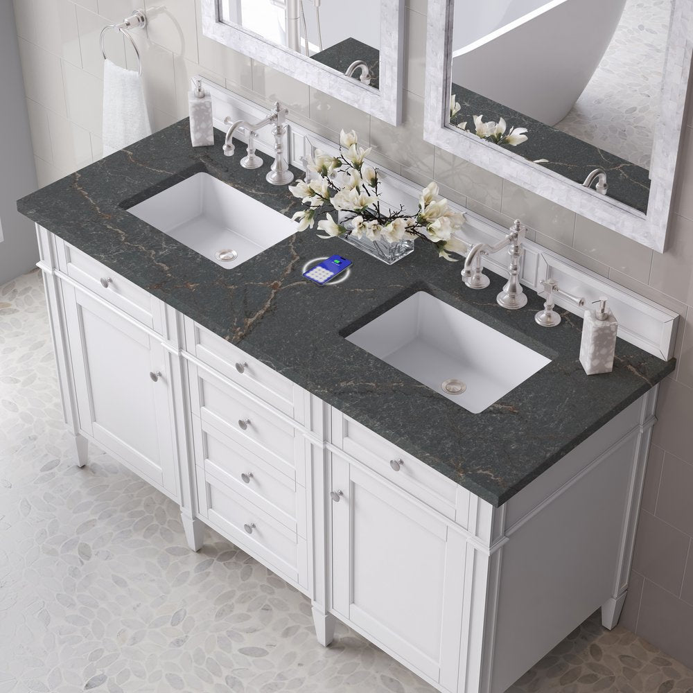 James Martin - Brittany 60" Double Vanity, Bright White Vanity w/ 3 CM Parisien Bleu Silestone Top w/FreePower Wireless Charger - 655-V60D-BW-FPBL view 8
