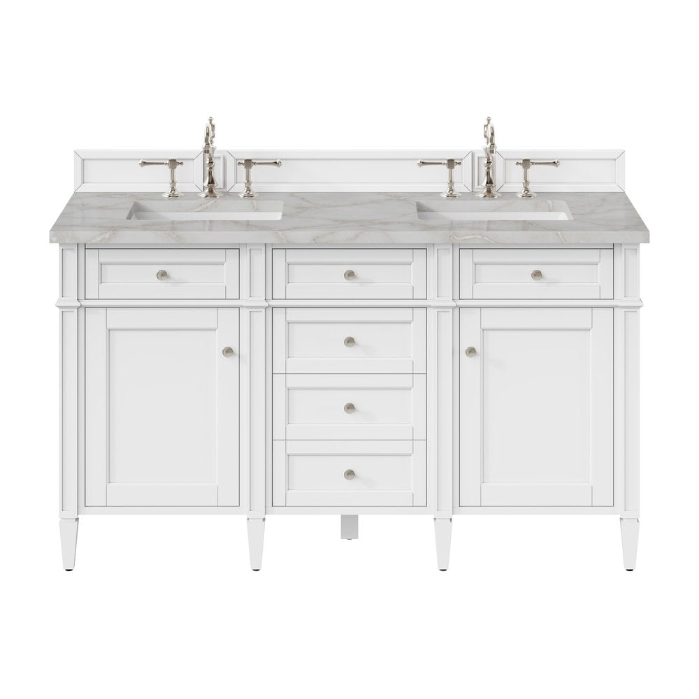 James Martin - Brittany 60" Double Vanity, Bright White Vanity w/ 3 CM Victorian Silver Silestone Top - 655-V60D-BW-3VSL view 1