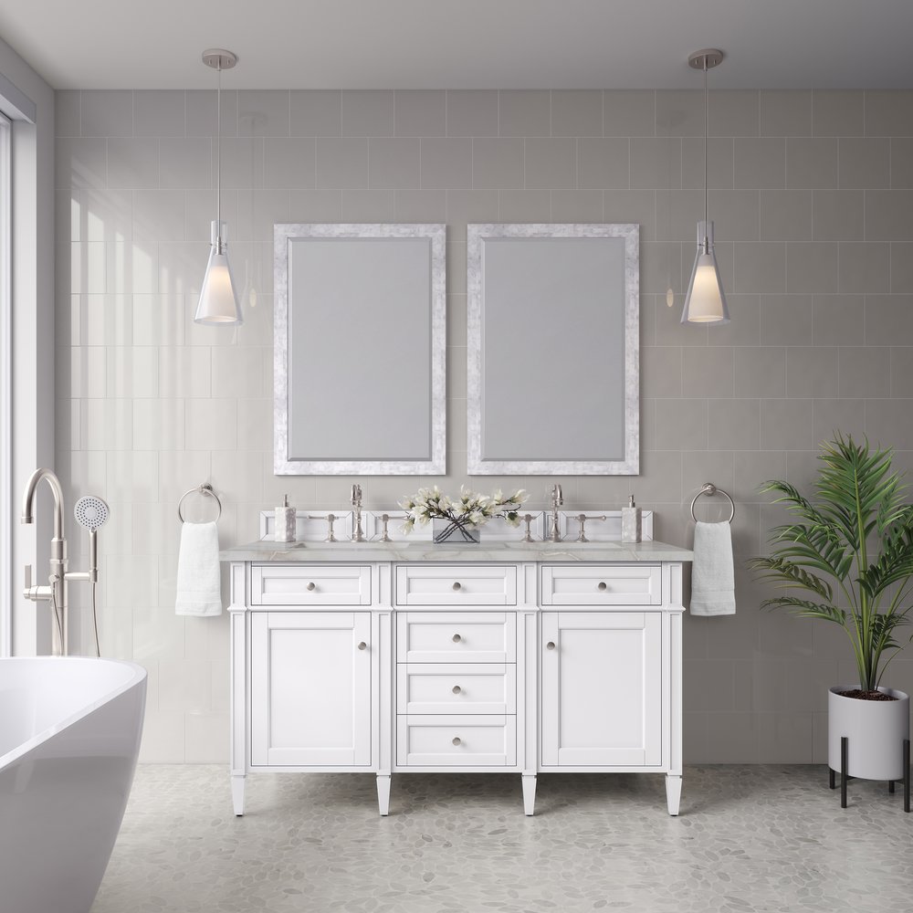 James Martin - Brittany 60" Double Vanity, Bright White Vanity w/ 3 CM Victorian Silver Silestone Top - 655-V60D-BW-3VSL view 3