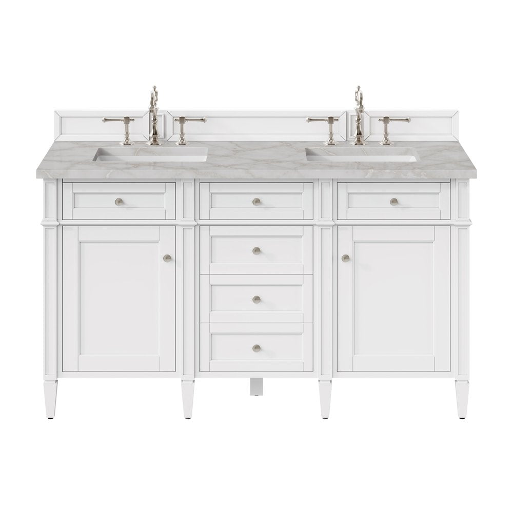 James Martin - Brittany 60" Double Vanity, Bright White Vanity w/ 3 CM Victorian Silver Silestone Top w/FreePower Wireless Charger - 655-V60D-BW-FVSL view 1