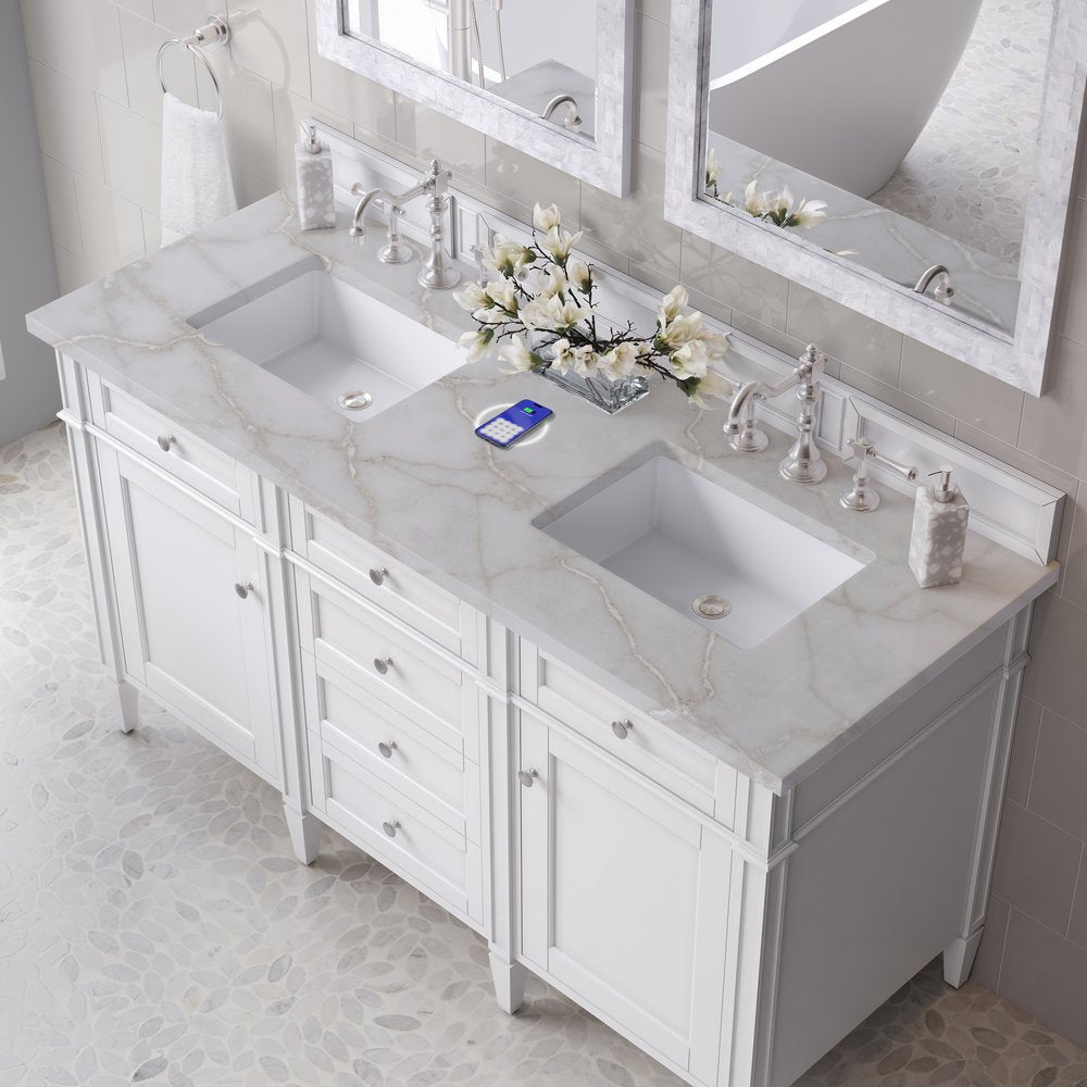 James Martin - Brittany 60" Double Vanity, Bright White Vanity w/ 3 CM Victorian Silver Silestone Top w/FreePower Wireless Charger - 655-V60D-BW-FVSL view 8