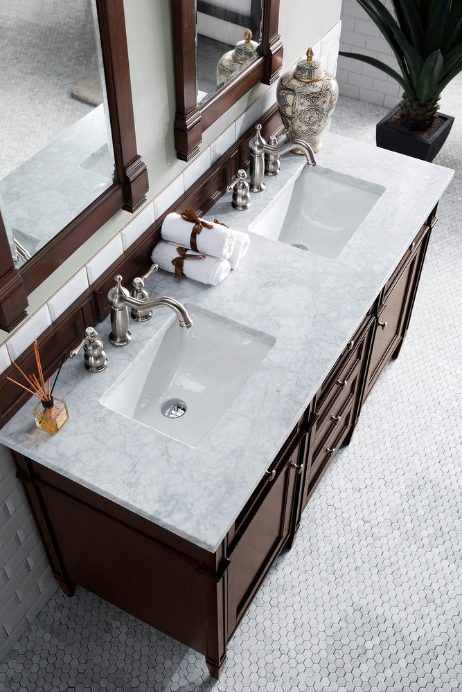 James Martin - Brittany 60" Double Vanity, Burnished Mahogany w/ 3 CM Carrara Marble Top - 650-V60D-BNM-3CAR view 6
