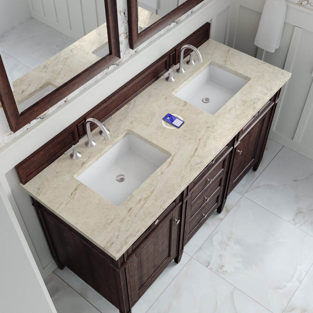 James Martin - Brittany 60" Double Vanity, Burnished Mahogany, w/ 3 CM Tajnar Eclos Top w/FreePower Wireless Charger - 650-V60D-BNM-FTJR view 6