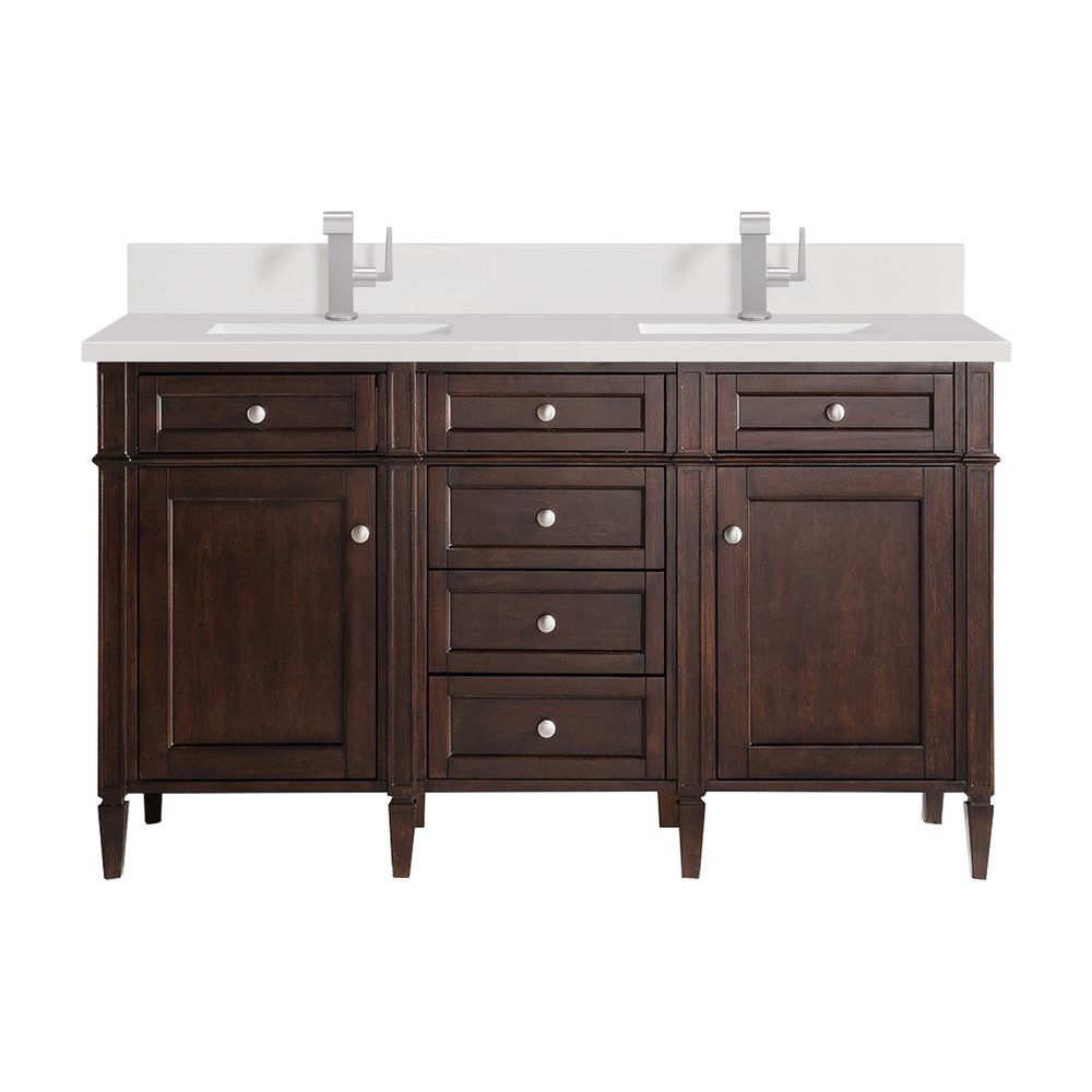 James Martin - Brittany 60" Double Vanity, Burnished Mahogany w/ Single Hole 3 CM White Zeus Silestone Top & Backsplash - 650-V60D-BNM-1WZ view 1