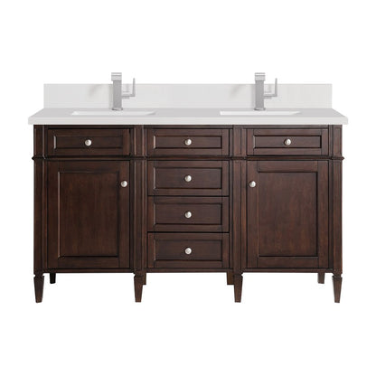 James Martin - Brittany 60" Double Vanity, Burnished Mahogany w/ Single Hole 3 CM White Zeus Silestone Top & Backsplash - 650-V60D-BNM-1WZ view 1