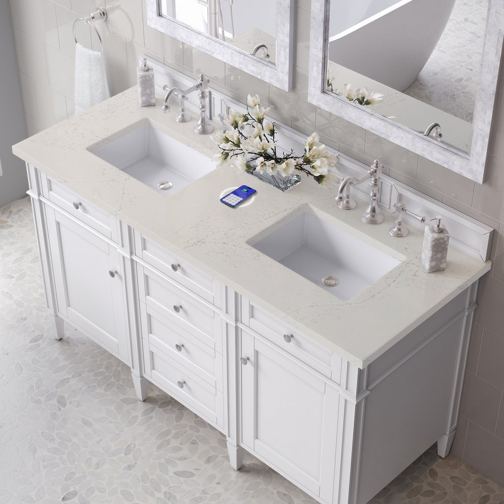 James Martin - Brittany 60" Double Vanity in Bright White, w/ 3 CM Siberian Silestone Top w/FreePower Wireless Charger - 655-V60D-BW-FSFR view 6