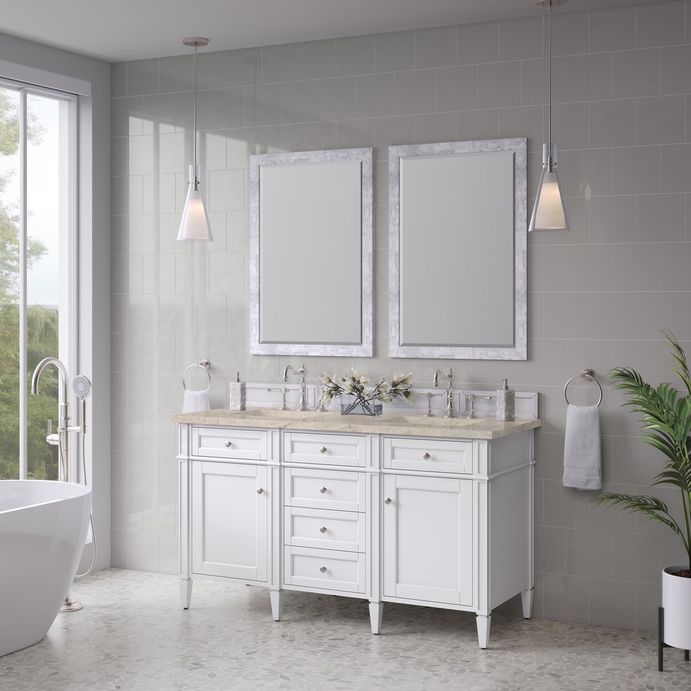 James Martin - Brittany 60" Double Vanity in Bright White, w/ 3 CM Tajnar Eclos Top w/FreePower Wireless Charger - 655-V60D-BW-FTJR view 4