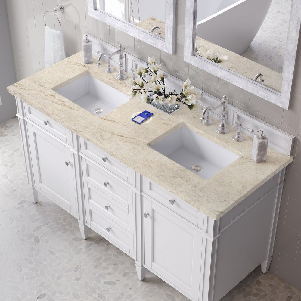 James Martin - Brittany 60" Double Vanity in Bright White, w/ 3 CM Tajnar Eclos Top w/FreePower Wireless Charger - 655-V60D-BW-FTJR view 6