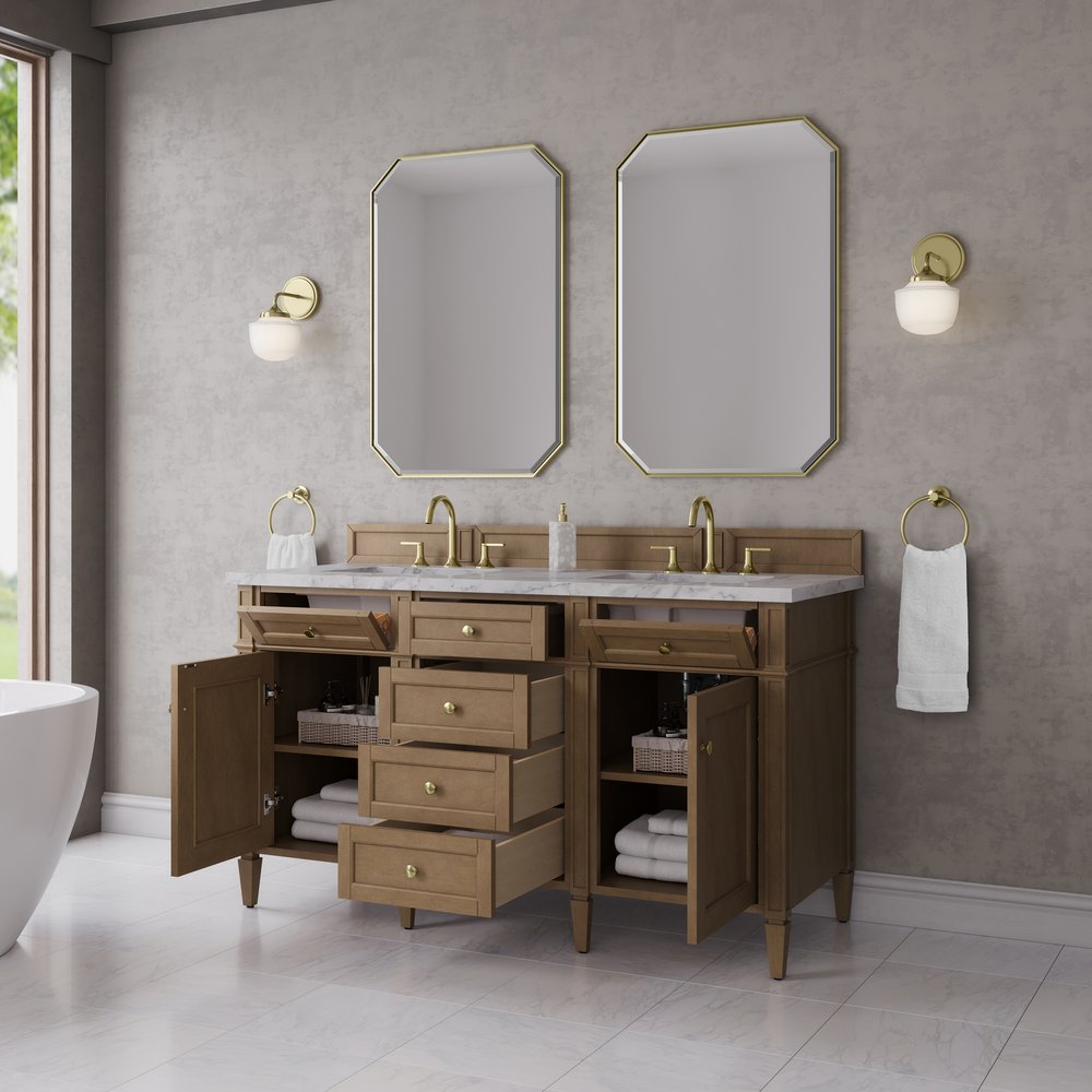 James Martin - Brittany 60" Double Vanity, Pecan w/ 3 CM Carrara Marble Top - 655-V60D-PCN-3CAR view 5