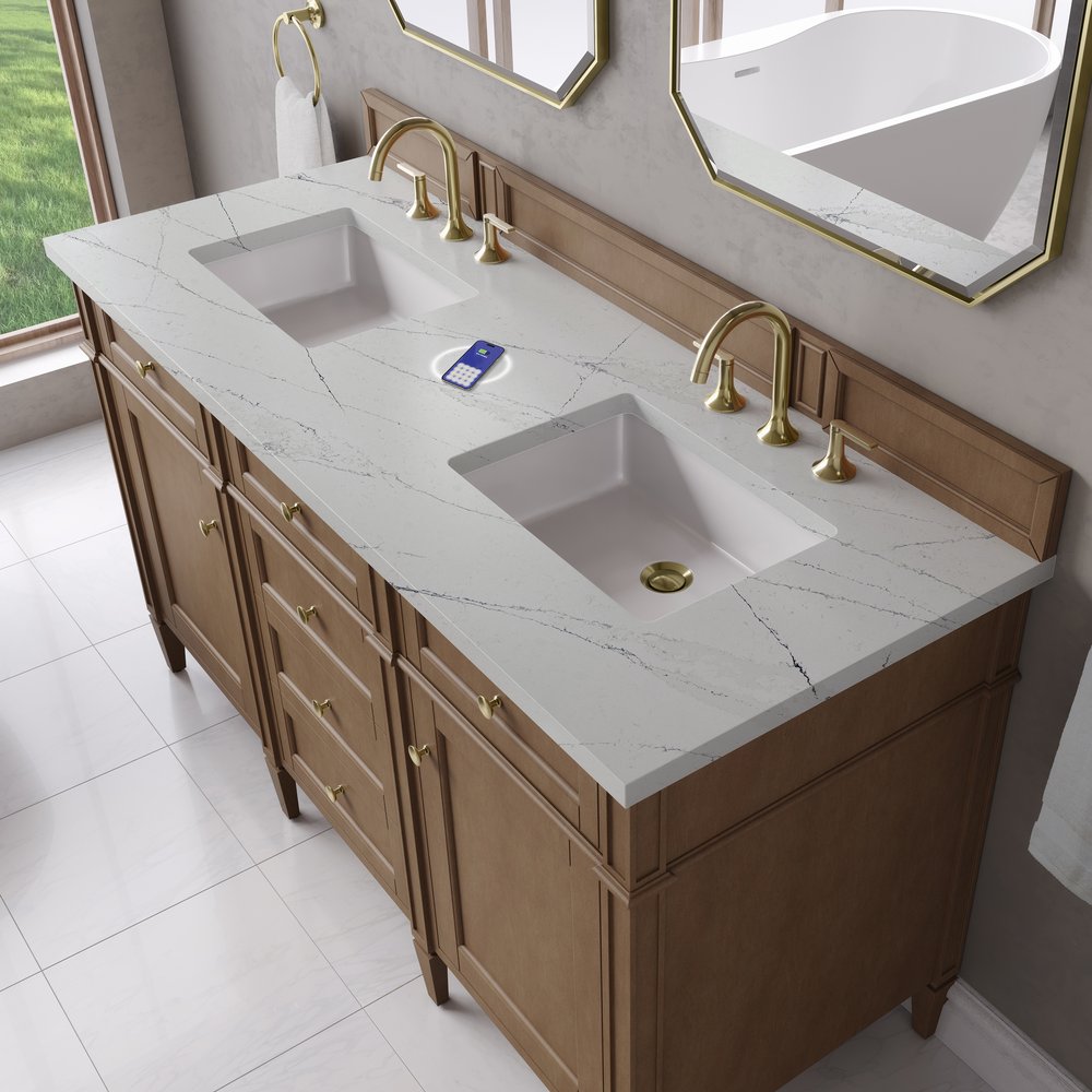 James Martin - Brittany 60" Double Vanity, Pecan w/ 3 CM Ethereal Noctis Silestone Top w/FreePower Wireless Charger - 655-V60D-PCN-FENC view 7