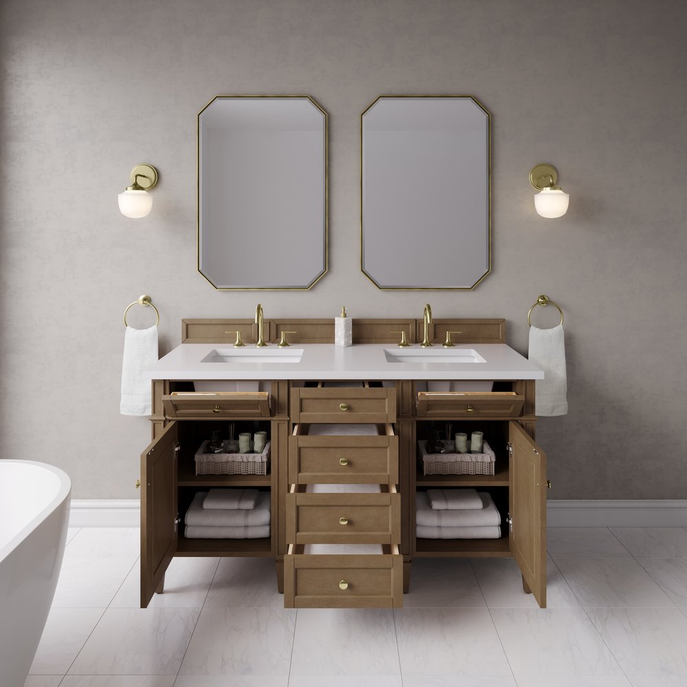 James Martin - Brittany 60" Double Vanity, Pecan w/ 3 CM White Zeus Silestone Top - 655-V60D-PCN-3WZ view 6