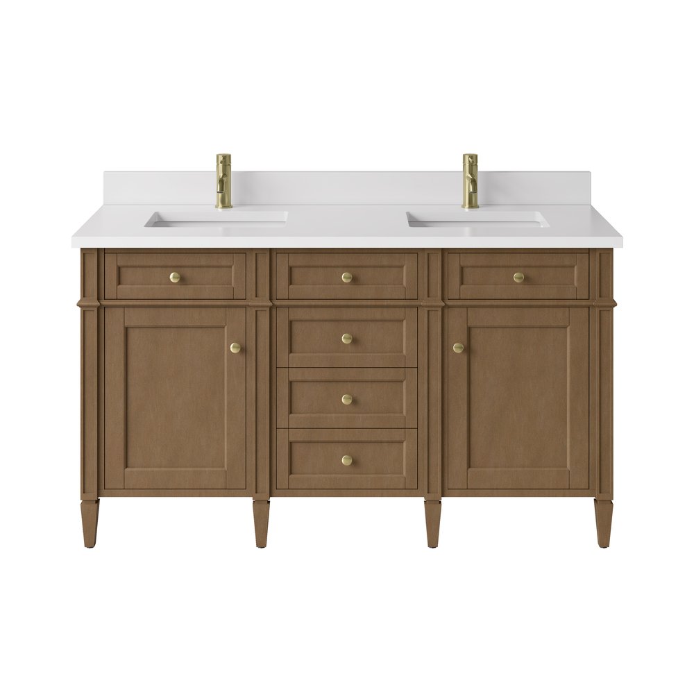 James Martin - Brittany 60" Double Vanity, Pecan w/ Single Hole 3 CM White Zeus Silestone Top and Matching Backsplash - 655-V60D-PCN-1WZ view 1