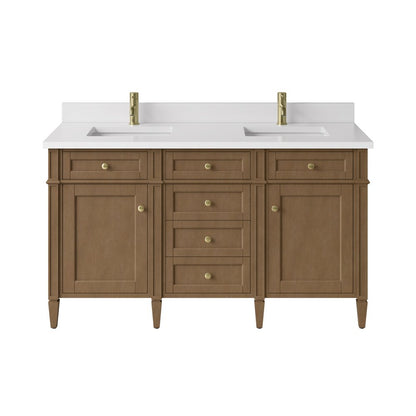 James Martin - Brittany 60" Double Vanity, Pecan w/ Single Hole 3 CM White Zeus Silestone Top and Matching Backsplash - 655-V60D-PCN-1WZ view 1