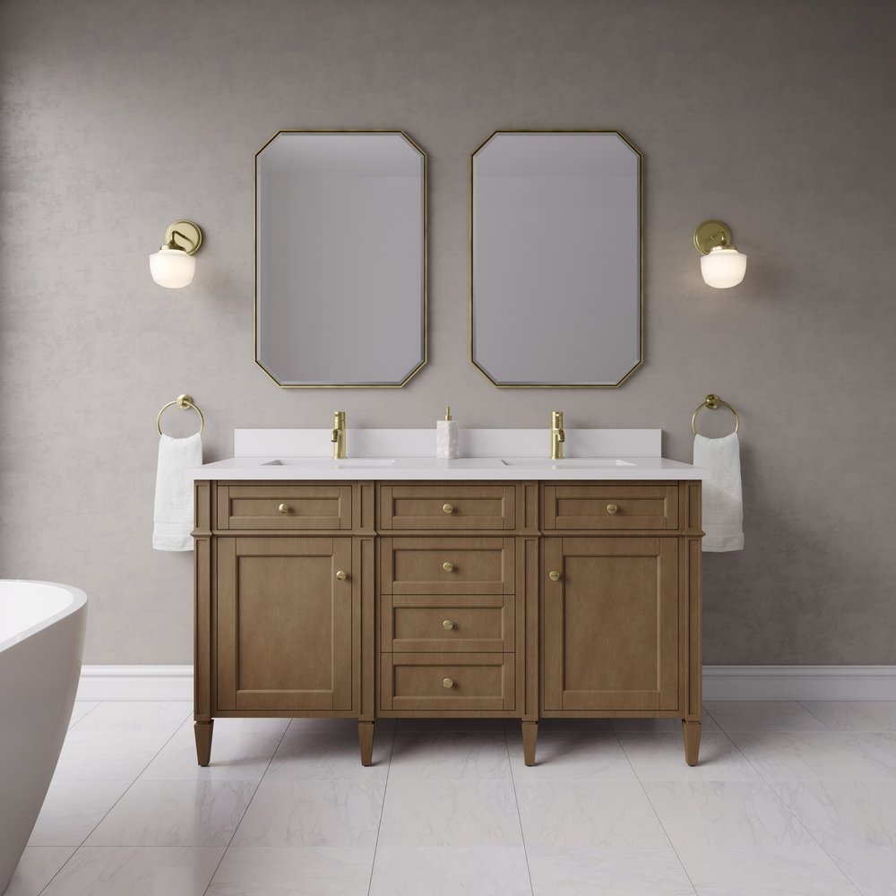 James Martin - Brittany 60" Double Vanity, Pecan w/ Single Hole 3 CM White Zeus Silestone Top and Matching Backsplash - 655-V60D-PCN-1WZ view 3