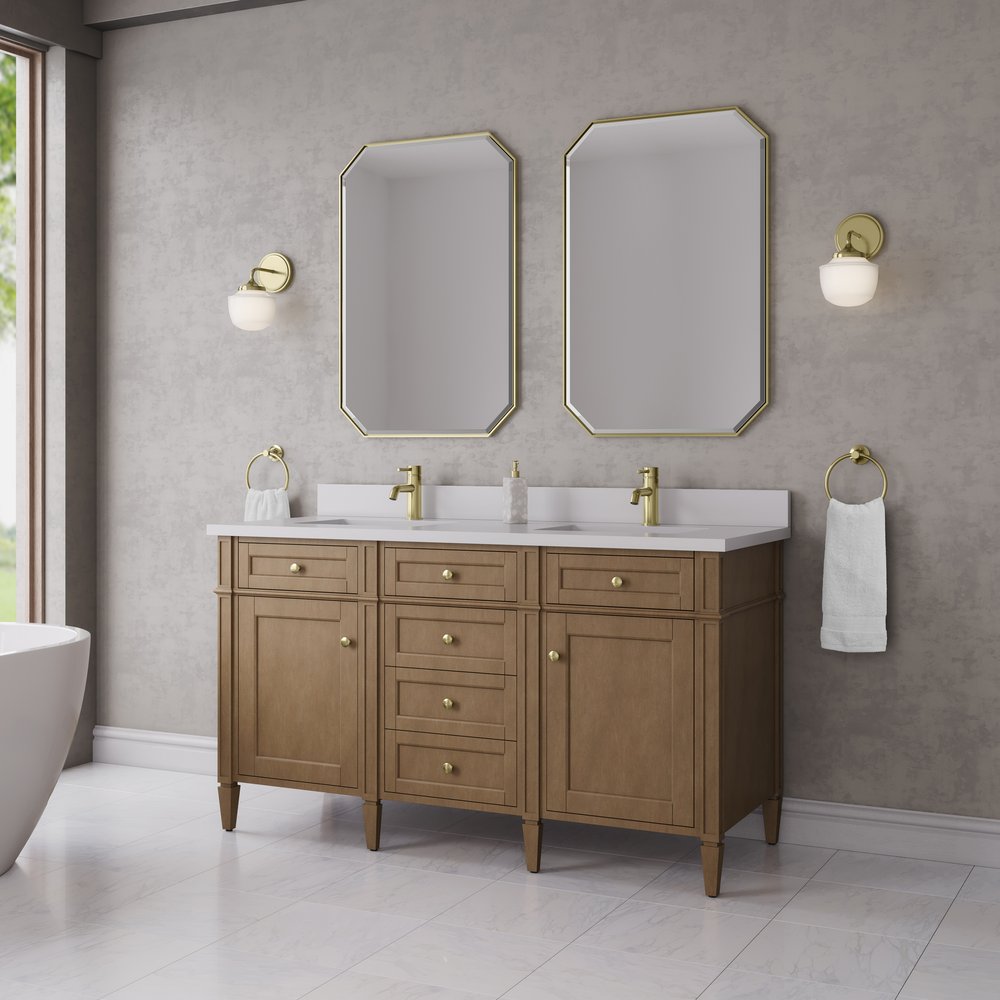 James Martin - Brittany 60" Double Vanity, Pecan w/ Single Hole 3 CM White Zeus Silestone Top and Matching Backsplash - 655-V60D-PCN-1WZ view 4