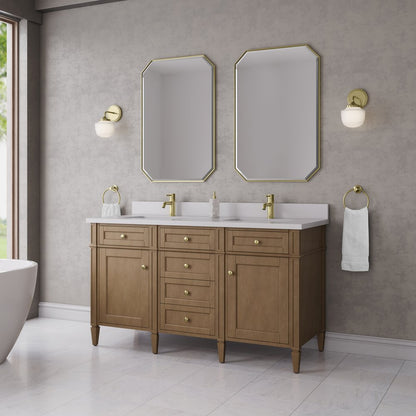 James Martin - Brittany 60" Double Vanity, Pecan w/ Single Hole 3 CM White Zeus Silestone Top and Matching Backsplash - 655-V60D-PCN-1WZ view 4