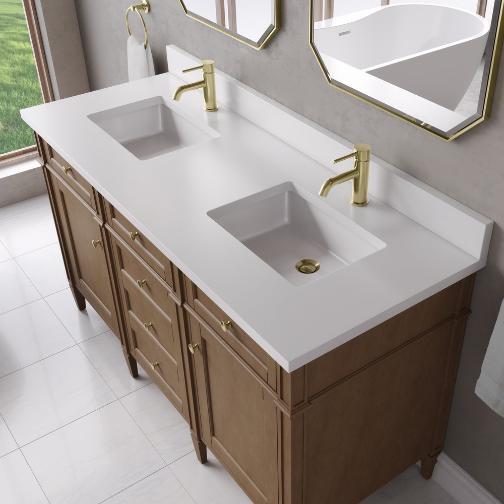 James Martin - Brittany 60" Double Vanity, Pecan w/ Single Hole 3 CM White Zeus Silestone Top and Matching Backsplash - 655-V60D-PCN-1WZ view 6