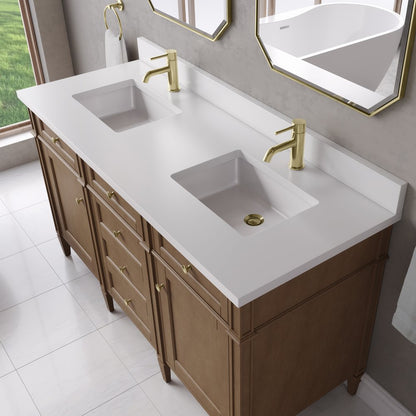 James Martin - Brittany 60" Double Vanity, Pecan w/ Single Hole 3 CM White Zeus Silestone Top and Matching Backsplash - 655-V60D-PCN-1WZ view 6