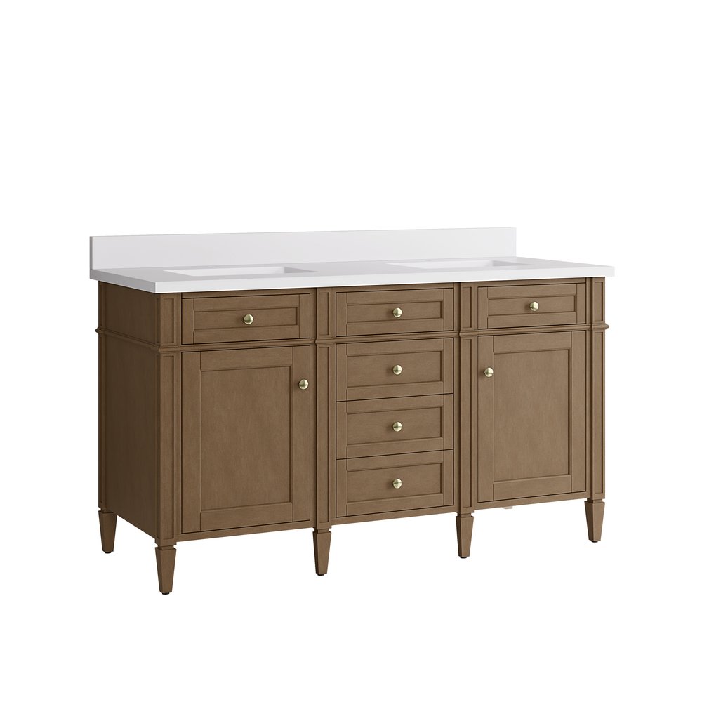 James Martin - Brittany 60" Double Vanity, Pecan w/ Single Hole 3 CM White Zeus Silestone Top and Matching Backsplash - 655-V60D-PCN-1WZ view 9