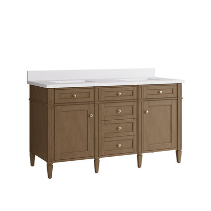 James Martin - Brittany 60" Double Vanity, Pecan w/ Single Hole 3 CM White Zeus Silestone Top and Matching Backsplash - 655-V60D-PCN-1WZ view 9