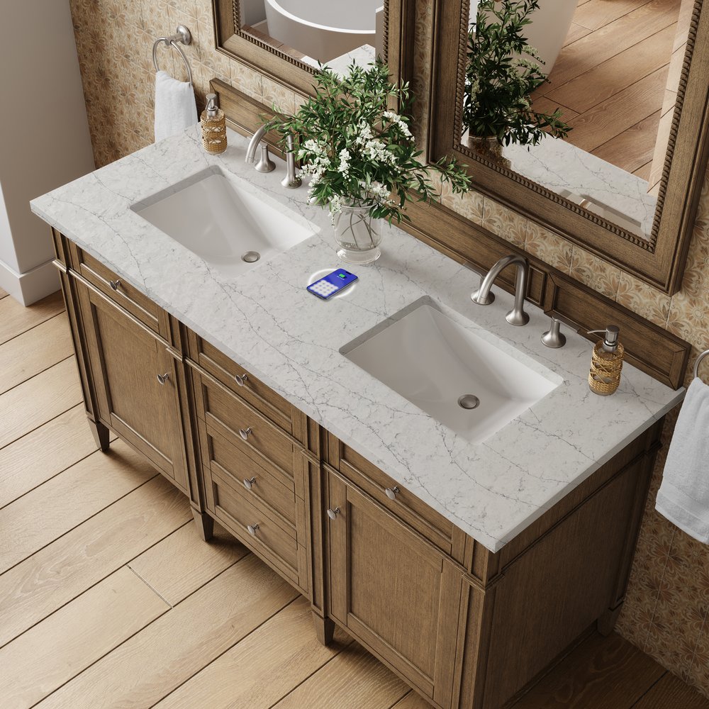 James Martin - Brittany 60" Double Vanity, Saddle Brown w/ 3 CM Eternal Jasmine Pearl Silestone Top w/FreePower Wireless Charger - 650-V60D-SBR-FEJP view 5