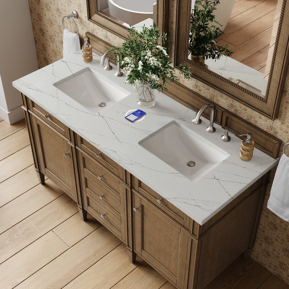 James Martin - Brittany 60" Double Vanity, Saddle Brown w/ 3 CM Ethereal Noctis Silestone Top w/FreePower Wireless Charger - 650-V60D-SBR-FENC view 8