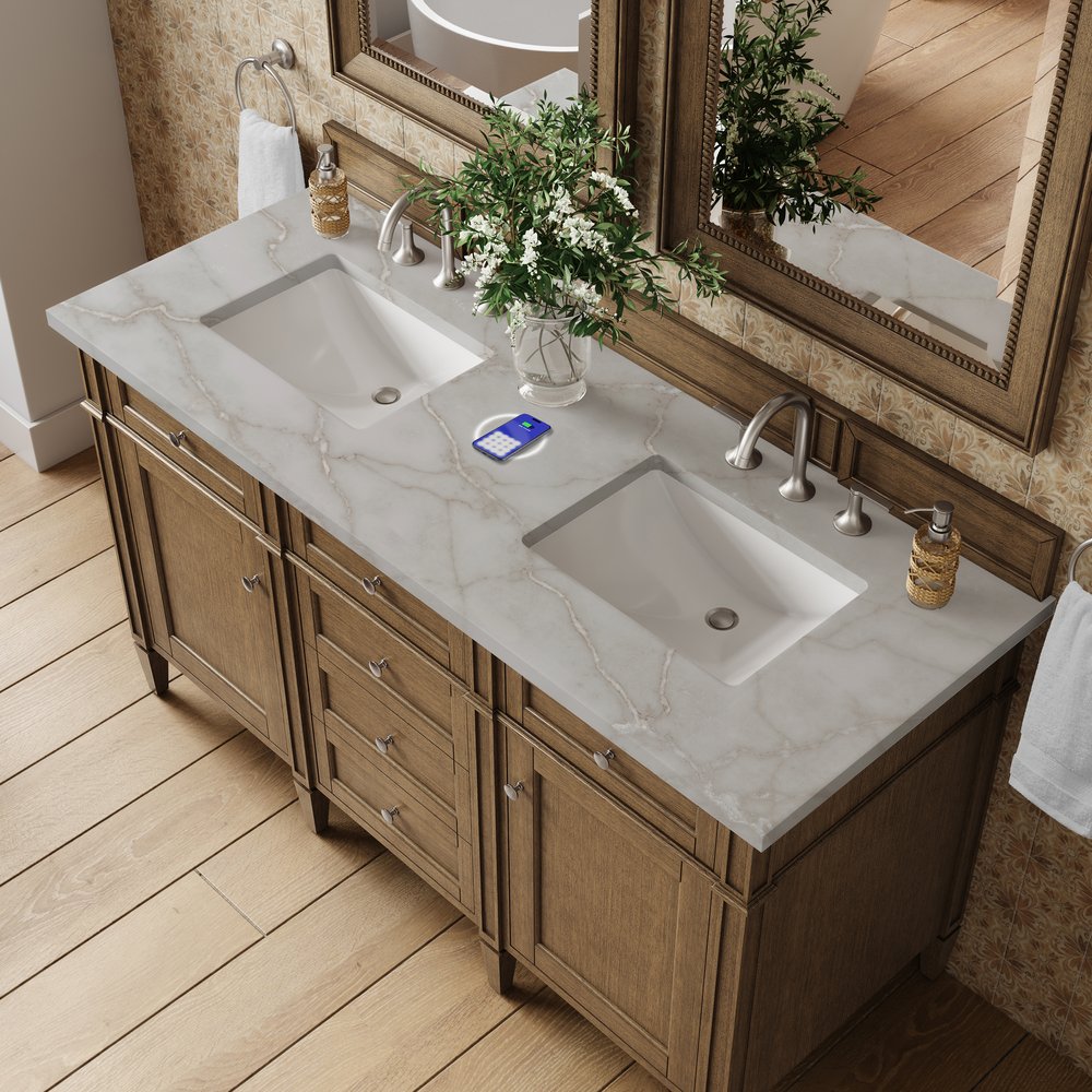 James Martin - Brittany 60" Double Vanity, Saddle Brown w/ 3 CM Victorian Silver Silestone Top w/FreePower Wireless Charger - 650-V60D-SBR-FVSL view 8