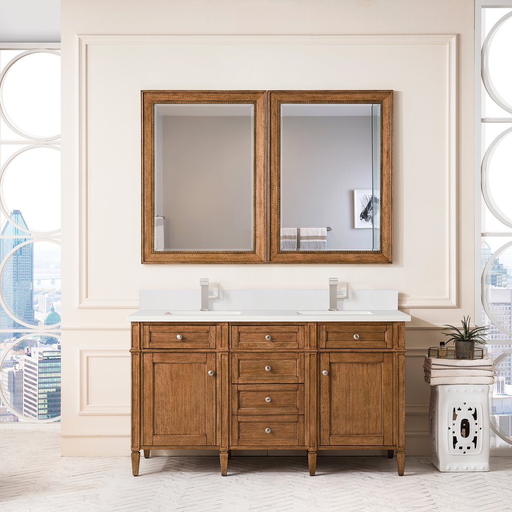 James Martin - Brittany 60" Double Vanity, Saddle Brown w/ Single Hole 3 CM White Zeus Silestone Top & Backsplash - 650-V60D-SBR-1WZ view 3