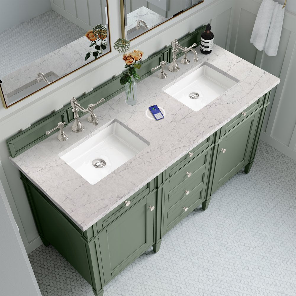 James Martin - Brittany 60" Double Vanity, Smokey Celadon w/ 3 CM Eternal Jasmine Pearl Top w/FreePower Wireless Charger - 650-V60D-SC-FEJP view 8