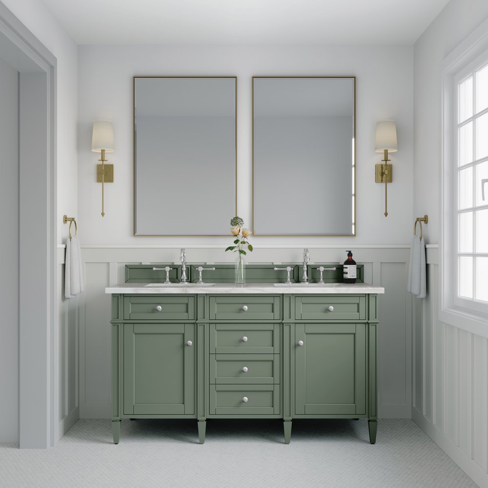 James Martin - Brittany 60" Double Vanity, Smokey Celadon w/ 3 CM Victorian Silver Top w/FreePower Wireless Charger - 650-V60D-SC-FVSL view 4