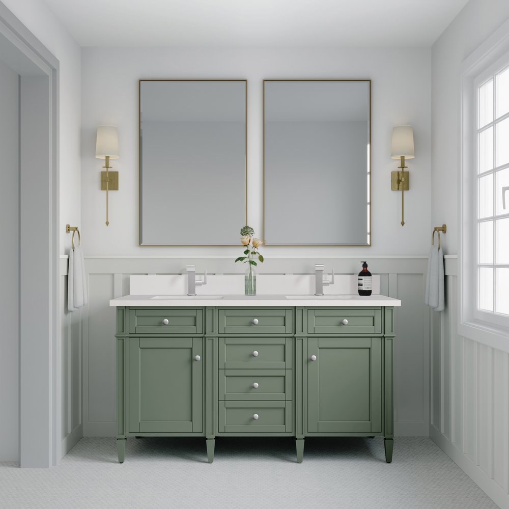 James Martin - Brittany 60" Double Vanity, Smokey Celadon w/ Single Hole 3 CM White Zeus Top & Backsplash - 650-V60D-SC-1WZ view 3