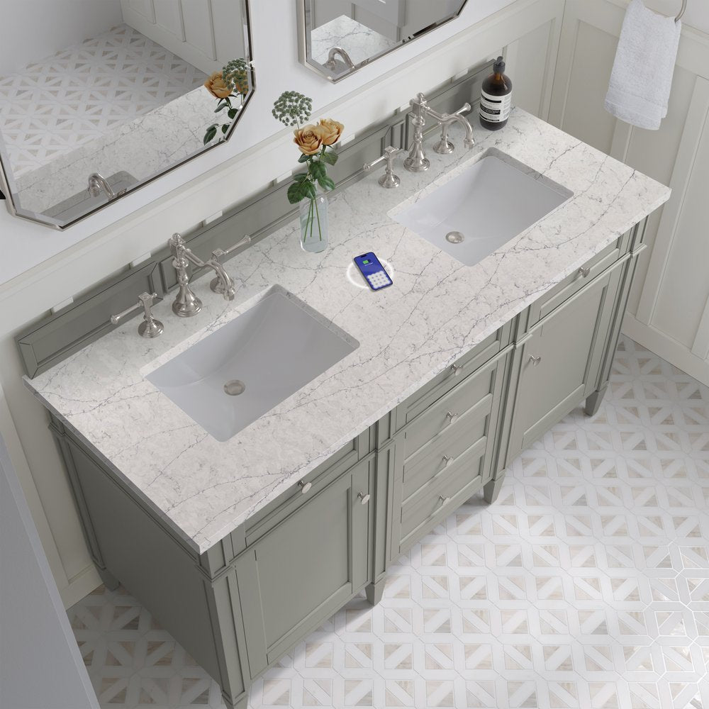 James Martin - Brittany 60" Double Vanity, Urban Gray w/ 3 CM Eternal Jasmine Pearl Silestone Top w/FreePower Wireless Charger - 650-V60D-UGR-FEJP view 8