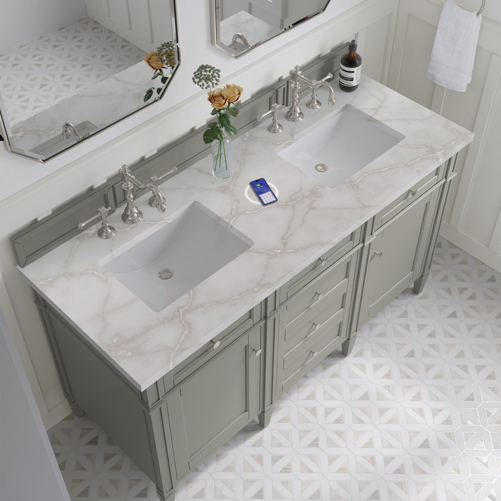 James Martin - Brittany 60" Double Vanity, Urban Gray w/ 3 CM Victorian Silver Silestone Top w/FreePower Wireless Charger - 650-V60D-UGR-FVSL view 8