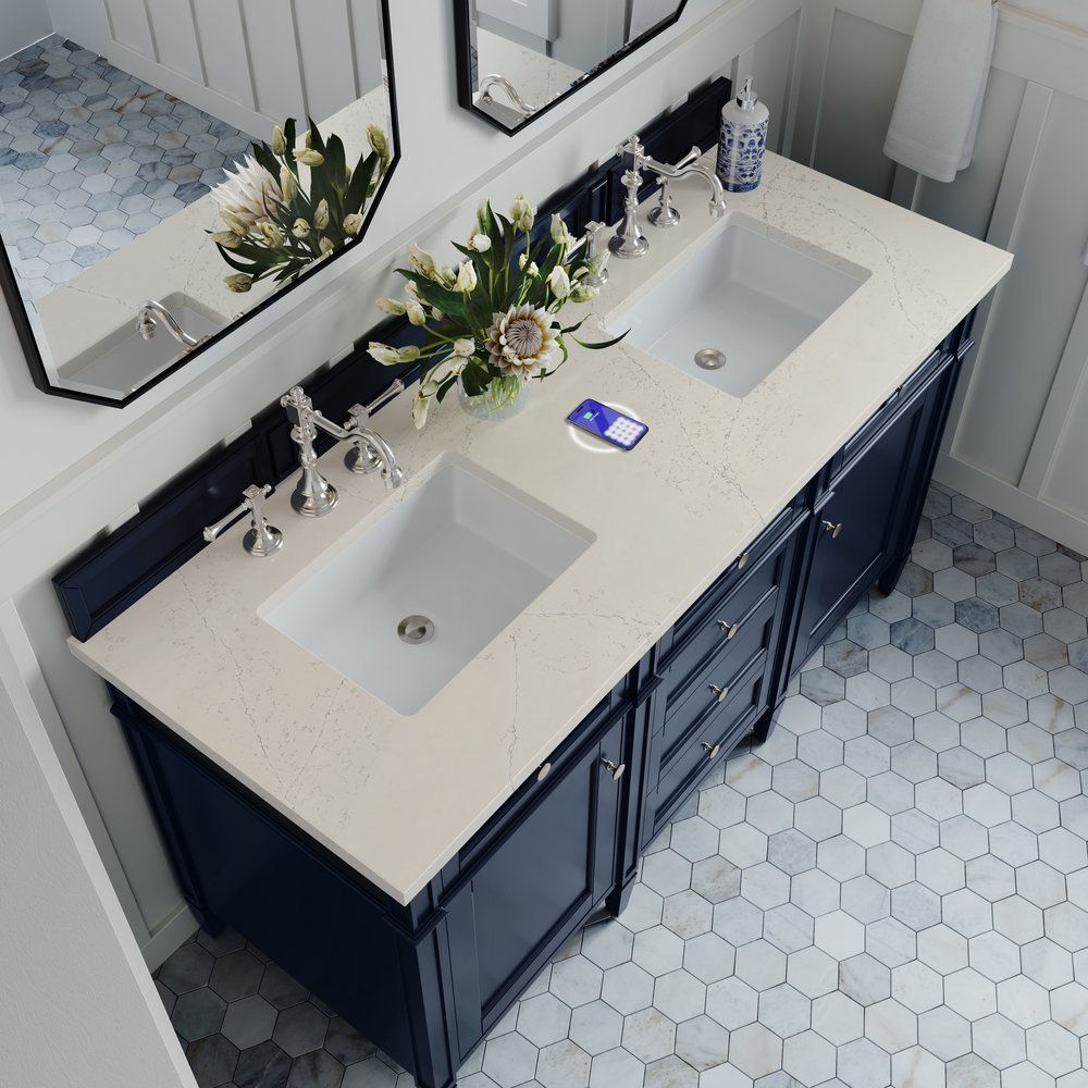 James Martin - Brittany 60" Double Vanity, Victory Blue, w/ 3 CM Siberian Silestone Top w/FreePower Wireless Charger - 650-V60D-VBL-FSFR view 6