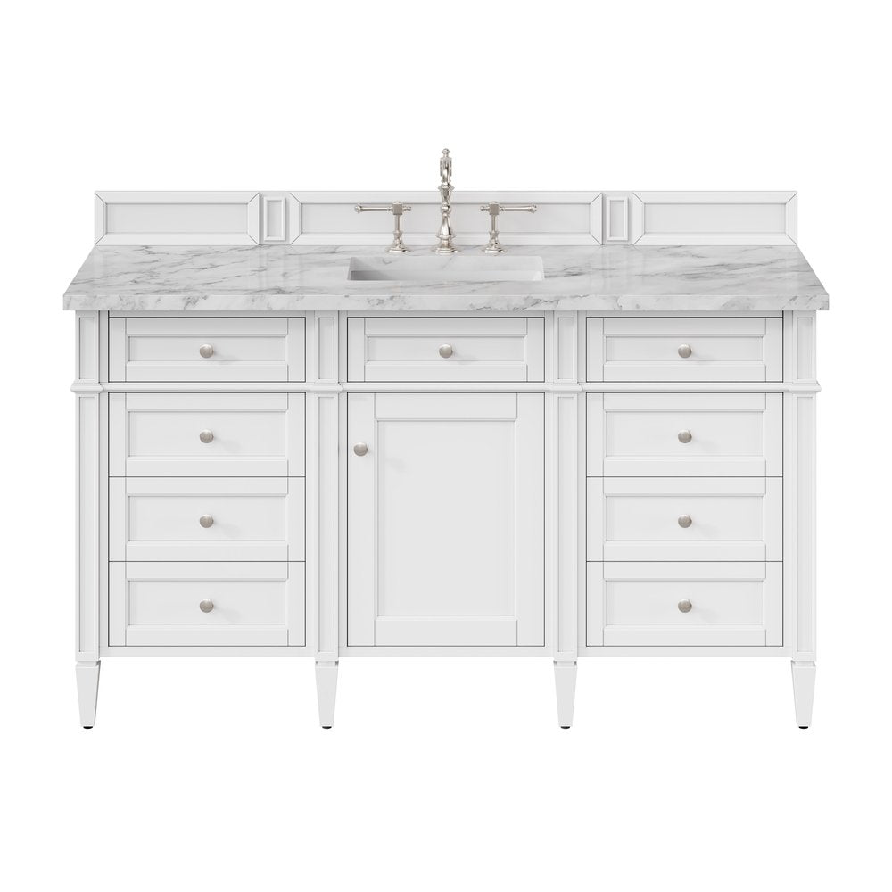 James Martin - Brittany 60" Single Vanity, Bright White w/ 3 CM Carrara Marble Top - 655-V60S-BW-3CAR view 1