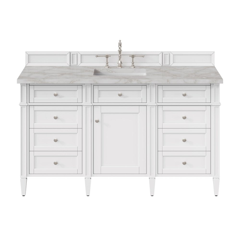 James Martin - Brittany 60" Single Vanity, Bright White w/ 3 CM Victorian Silver Silestone Top w/FreePower Wireless Charger - 655-V60S-BW-FVSL view 1