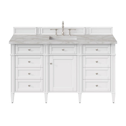 James Martin - Brittany 60" Single Vanity, Bright White w/ 3 CM Victorian Silver Silestone Top w/FreePower Wireless Charger - 655-V60S-BW-FVSL view 1